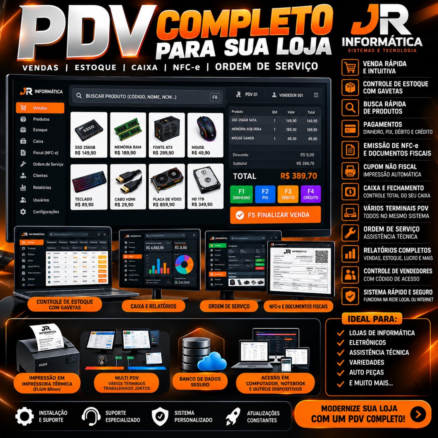 Sistema PDV completo JR Informática: vendas, estoque, caixa, NFC-e, ordem de serviço e relatórios