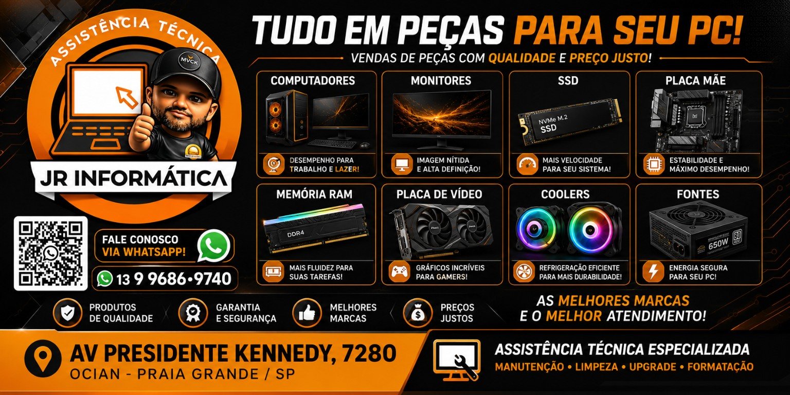 Banner JR Informática: computadores, monitores, SSD, placa-mãe, memória RAM, placa de vídeo, coolers e fontes